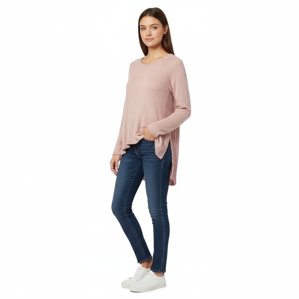 Bar III Sweater Womens Blush Pink Chiffon Pleated Back Hi-Low Crewneck Size L